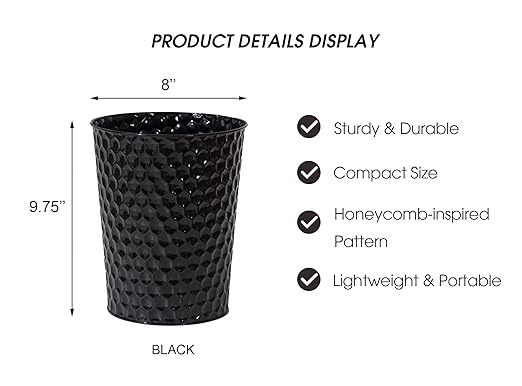 Venalys Small Metal Trash Can Wastebasket, Decorative Honeycomb Garbage Can Waste Basket, Modern Farmhouse Round Trash Bin for Bathroom, Bedroom, Kitchen and Office (Black)