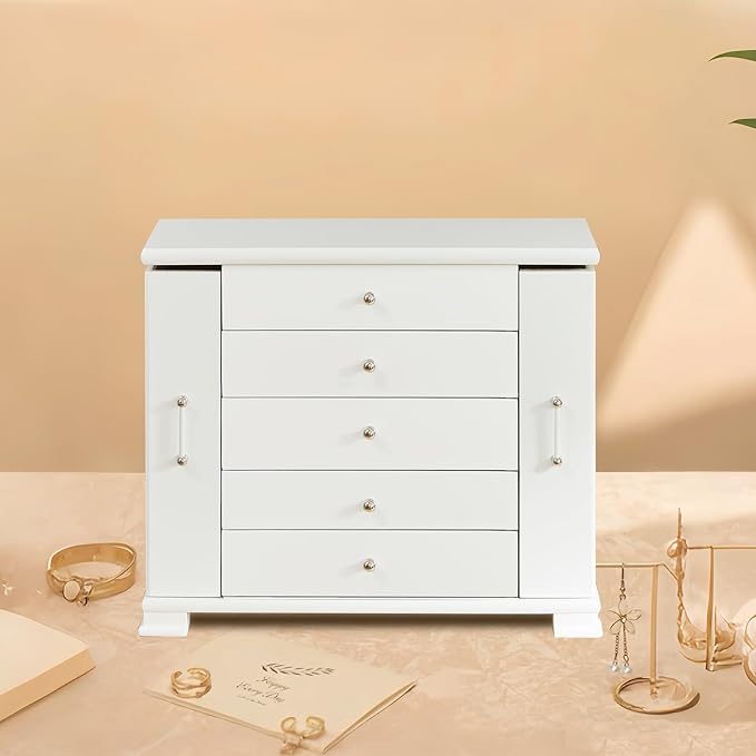 White 5 Layer Huge Jewelry Box,Top With Mirror Wooden Jewelry Organizer Box,With 8 Hook And Velvet Lining Antique Jewelry Box For Women,For Watch Necklace Ring Earring Storage Gifts