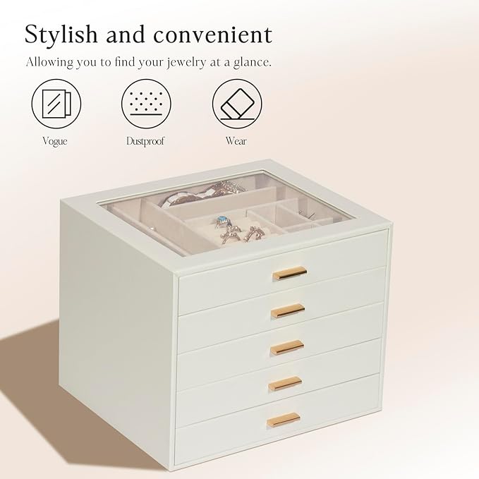 Jewelry Box with Glass Lid, 5-Layer Jewelry Organizer for Women Girls, PU Leather Display Case with 20-Grid Earring Tray & Movable Dividers for Necklaces Rings - Cloud White