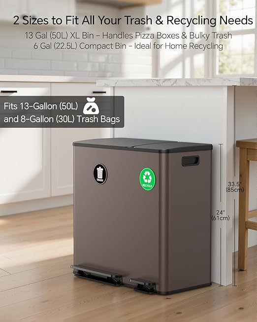 Lovewind Dual Trash and Recycling Bins for Kitchen, 13+6 Gallon Stainless Steel Garbage and Recycle Bin Combo for Large Families, Dual Trash Can with Soft Close Lid & Magnetic Stickers, Brown