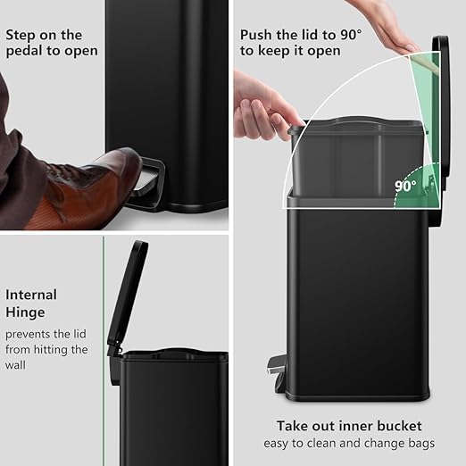 Bathroom Trash Can with Lid Slim 1.6 Gallon Stainless Steel Garbage Can with Removable Inner Bucket Soft Close Lid Durable Step Pedal Trash Bins for Toilet Bedroom Office (Matte Black, 1.6 Gallon)