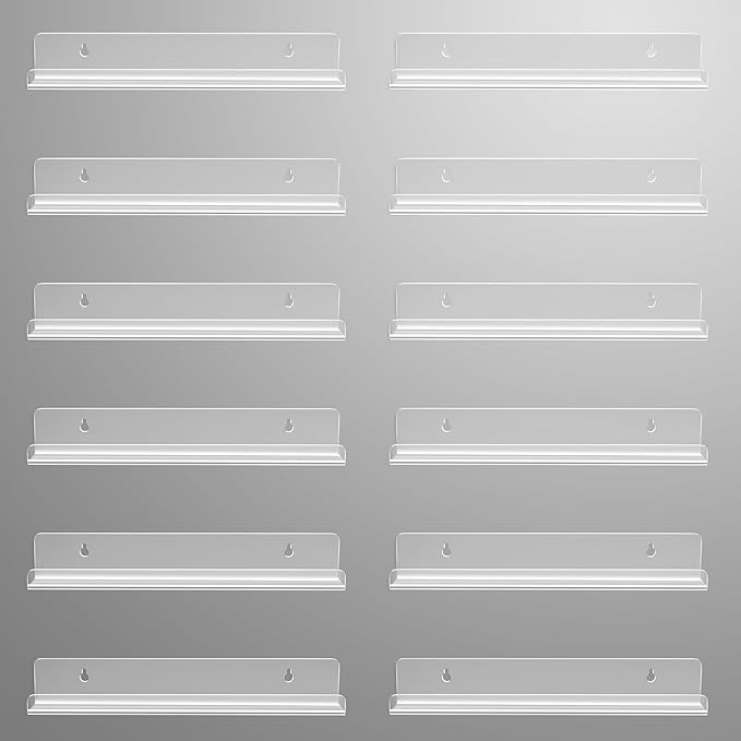 Gotega 12 Pack Vinyl Record Shelf Wall Mount, 12 inch Album Record Holder Display, Clear Acrylic Floating Shelves for Wall, Suitable for Bedroom, Living Room, Magazine Shelf, Kids Bookshelf, etc