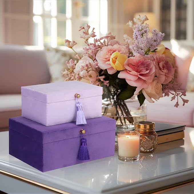 HofferRuffer Velvet Jewelry Boxes Decorative Boxes, Storage Accessory Organizer Boxes with Elegant Handle Decor, Classic Velvet Set of 2 Pieces (Purple)