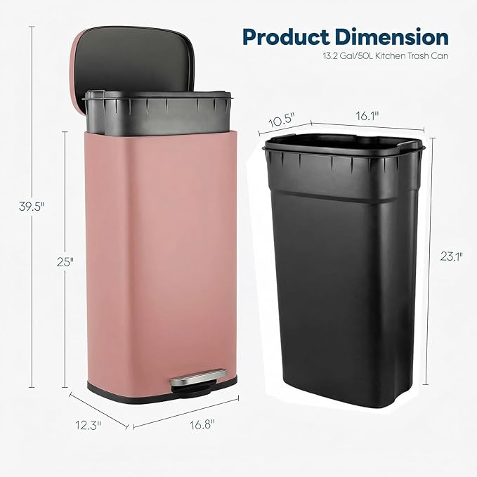 13.2 Gal Kitchen Trash Can, 50L Recycling or Garbage Bin, Brushed Stainless Steel Waste Basket, Soft&Quiet Close Dustbin, with Step-On Pedal, Removable Inner Bucket, for Home, Office, Living Room