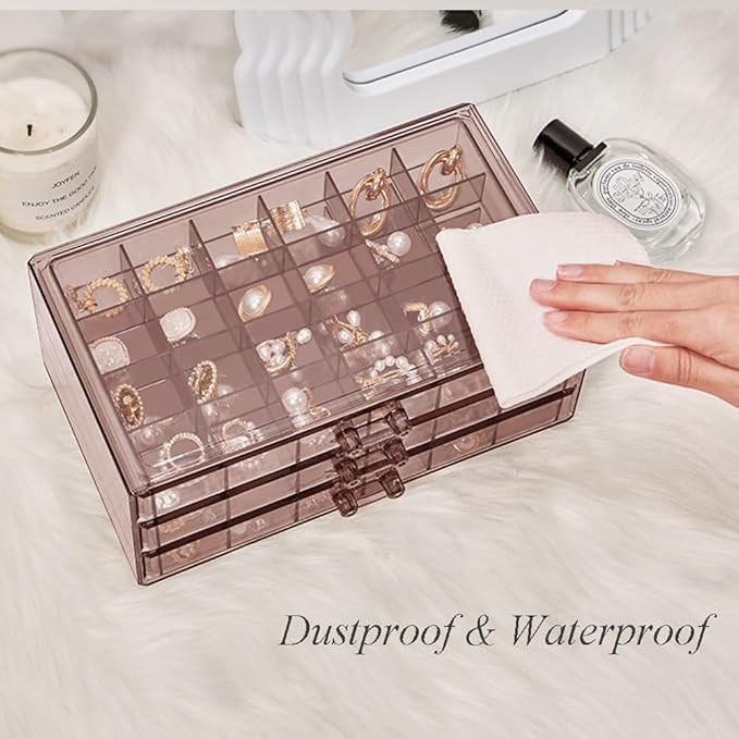 YUFONG Earring Storage Box Organizer 3 Drawers Acrylic Jewelry Storage Box Holder Transparent Jewelry Display Stand with 72 Small Compartments Gift for Women Girls (Clear Purple Brown)