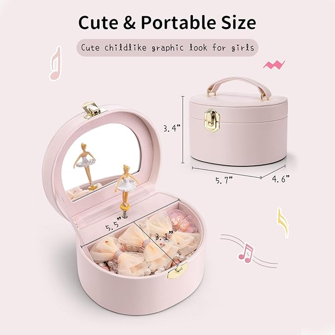 VLANDO Musical Jewelry Box for Girls, Small Kid Music Box with Ballerina for Party Bedroom Decor, Bithday Gift for Girl - Light Pink