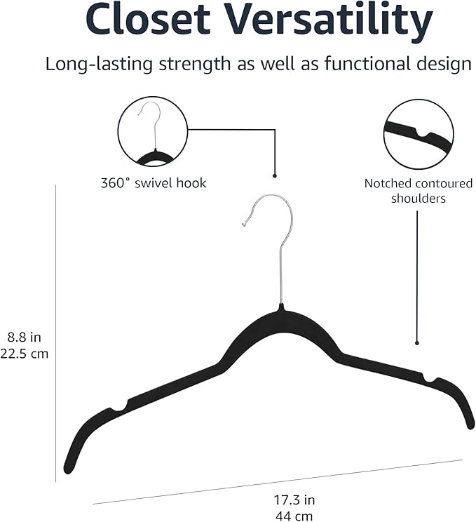 Amazon Basics Space Saving Slim Velvet Non-Slip Clothes Hangers for Closet Organization, Black, 100-Pack