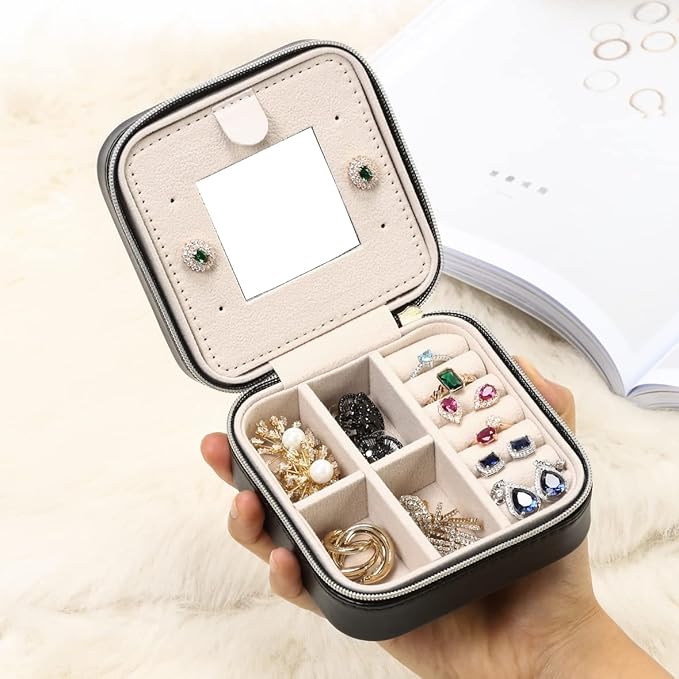 TRODANCE Jewelry Travel Case with Mirror,Small Travel Jewelry Organizer, Portable Jewelry Box Travel Mini Storage Organizer Portable Display Storage Box for Rings Earrings Necklaces (Black)