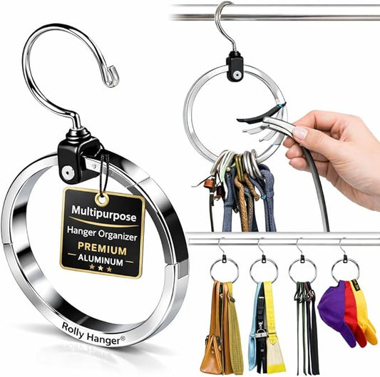 Rolly Hanger® Closet Space Saver – Premium Rotating Aluminum Organizer for Belts, Ties, Hats & Handbags – Heavy Duty 360° Swivel – Declutter & Maximize Storage (1 Pack)