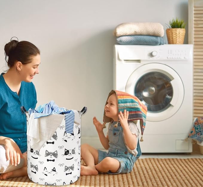 HIYAGON Large Storage Baskets,Waterproof Laundry Baskets,Collapsible Canvas Basket for Storage Bin for Kids Room,Toy Organizer,Home Decor,Baby Hamper(Bowknot Cat)
