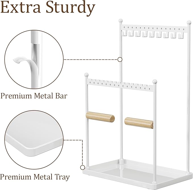 3 Tier white Jewelry Stand, Necklace Organizer, Earring Holder with 44 Holes and 9 Hooks, for Necklaces, Bracelets, Rings