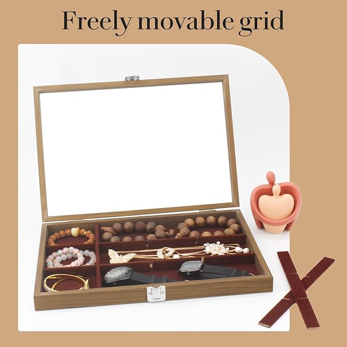 KOOAAICCHI Jewelry Organizer Tray 12 Grid Velvet Jewelry Storage Box with Clear Lid Jewelry Display Case with Lock Bracelet Earring Ring Organizer Showcase Gifts for Girls Women-12 Grid Wooden Brown