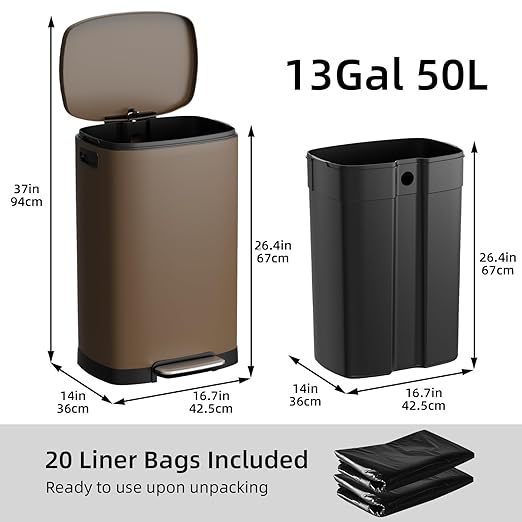 KUK 13 Gallon Kitchen Trash Can with Lid, 50L/13Gal Office Step Garbage Can for Home, Kitchen, Laundry Room, Office, Brushed Stainless Steel, Brown