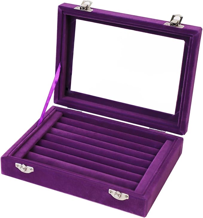 Jewelry Box Rings Organizer Tray 7 Slots Velvet Jewelry Earring Storage Box With Transparent Lid Jewelry Display Case for Girls Women (Purple)