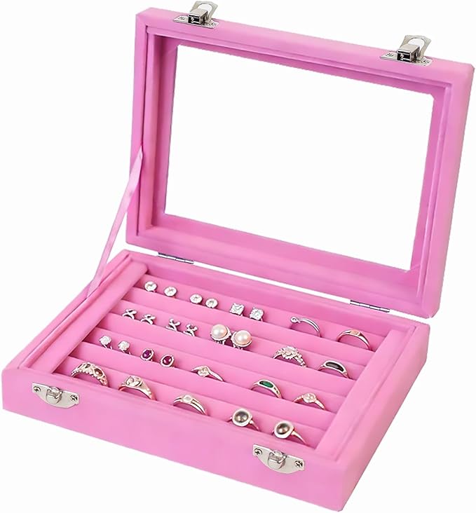 Jewelry Box Rings Organizer Tray 7 Slots Velvet Earring Storage Box With Transparent Lid Jewelry Display Case for Women (Light Pink)