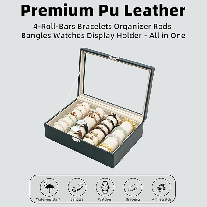Bracelets Organizer Rods Bangles Display Holder, Clear See through Lid Leather Velvet Jewelry Storage Box Case for Women, 4 Rods Black Leather