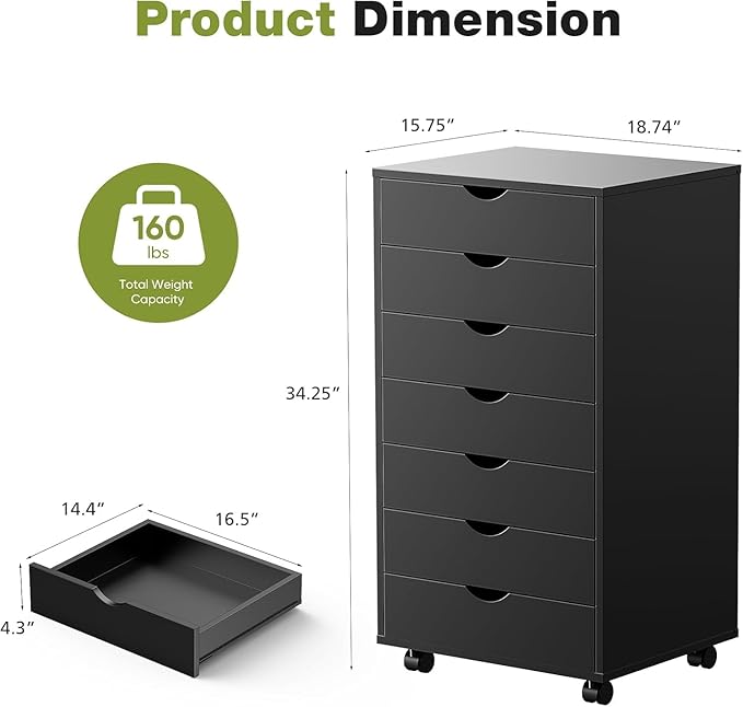 7 Drawer Mobile File Cabinet Under Desk Storage Organization with Wheels Vertical Filing Chest Rolling Wood Small Desk Printer Stand for Home, Black