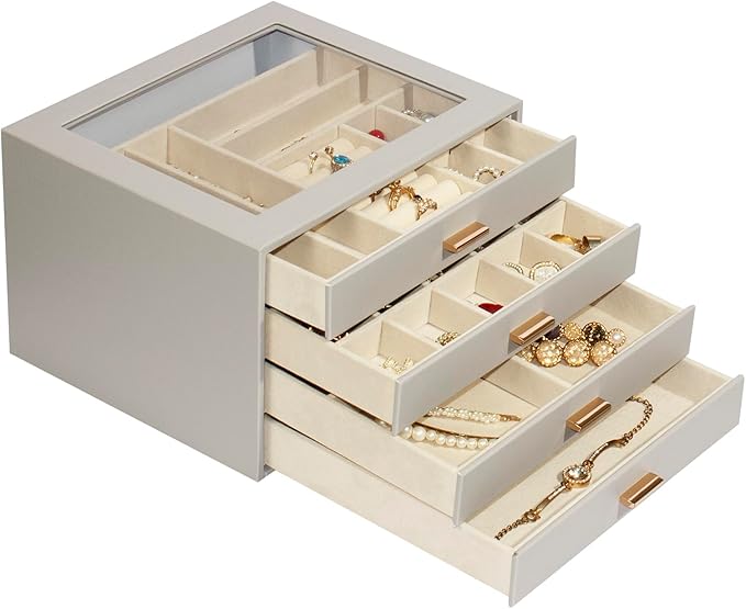 Jewelry Box with Glass Lid, 4-Layer Jewelry Organizer for Women Girls, PU Leather Display Case with 20-Grid Earring Tray & Movable Dividers for Necklaces Rings,Grey
