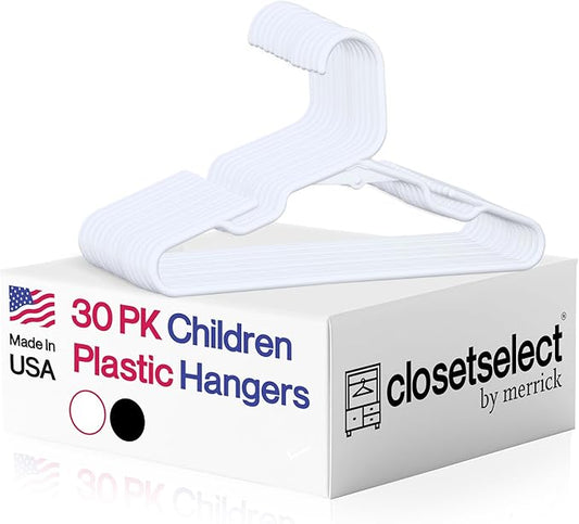 Closetselect Childrens Hangers 30 Pack - 11.75 Inch Plastic Kids Hangers for Closet, Baby Hangers for Children Clothes Sizes 0 to 8, Non-Slip Infant Hangers with Shoulder Grooves, Made in USA | White