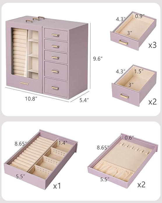 Homde Large Jewelry Box/Organizer/Case with Glass Window, Drawers for Necklaces Earrings Rings Bracelets Watches Gift for Women Girls
