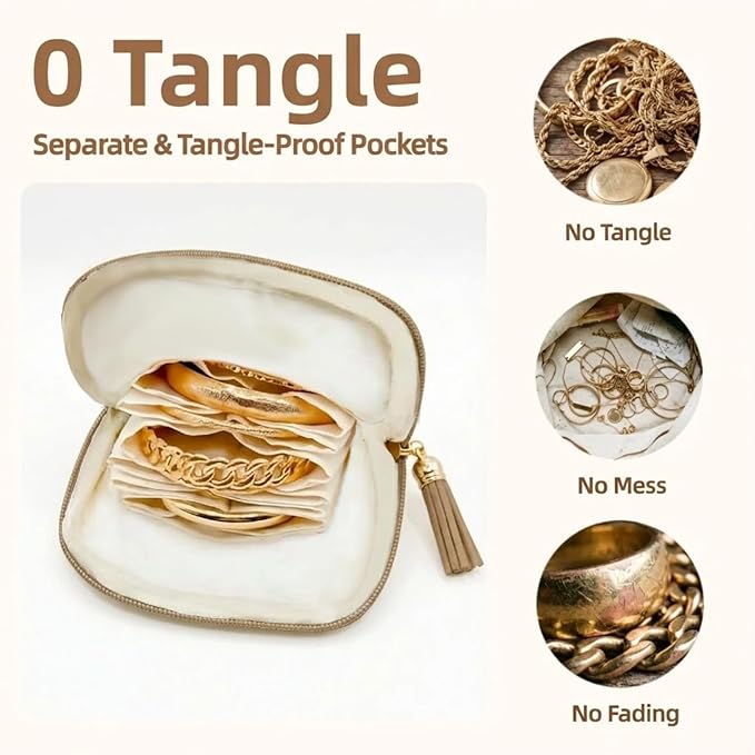 Mini Travel Jewelry Case, Small Jewelry Organizer, Jewelry Travel Case for Women, Portable Travel Jewelry Organizer Bag, Travel Jewelry Box – 5.3 × 5.1 inches (Sand Brown)
