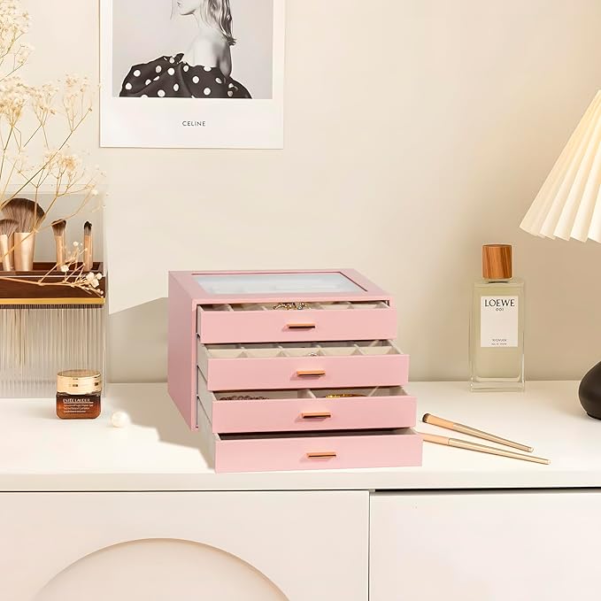 Jewelry Box with Glass Lid, 4-Layer Jewelry Organizer for Women Girls, PU Leather Display Case with 20-Grid Earring Tray & Movable Dividers for Necklaces Rings,Pink