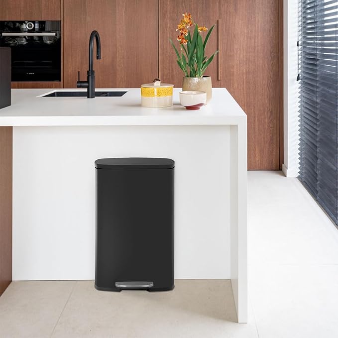 Kitchen Trash Can with Lid for Office Bedroom Bathroom Step Trash Bin Fingerprint-Proof Garbage Bin Brushed Stainless Steel 13 Gallon (Black)
