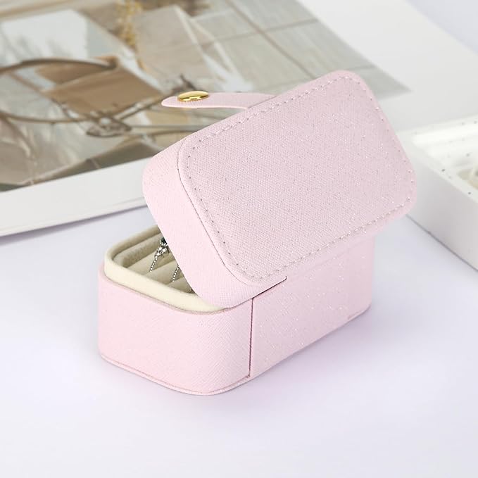 KUKUVR Small Travel Jewelry Box, Mini Jewelry Holder for Multiple Rings Necklace Earrings Lipstick, Portable Jewelry Storage Organizer Case with Removable Ring Slot (PINK)