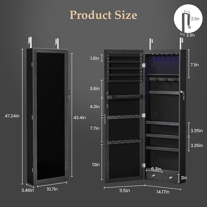 DUMOS 6 LEDs Mirror Jewelry Cabinet, Wall or Door Mounted Jewelry Organizer, 47.2-Inch Tall Lockable Large Capacity Cosmetic Storage, Gift Idea