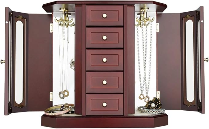 RR ROUND RICH DESIGN Jewelry Box - Made of Solid Wood with Cabinet Type 5 Drawers Organizer and 2 Separated Open Doors on 2 Sides and Large Mirror Brown