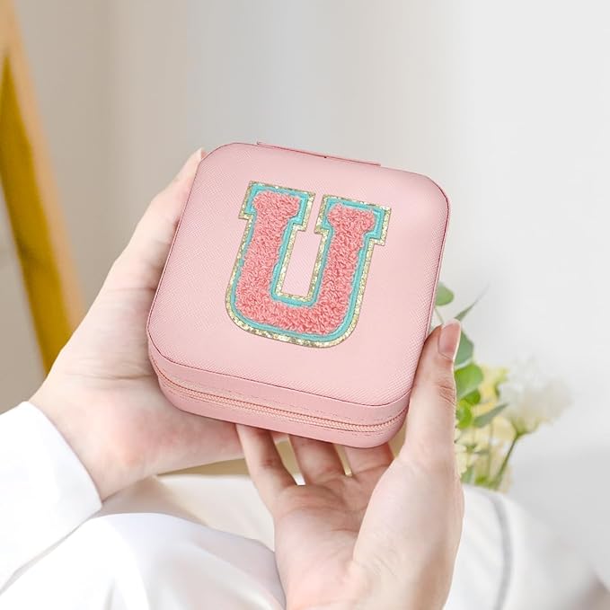 SANDJEST Personalized Jewelry Box, Pink Travel Jewelry Box with Initial U, Small Monogrammed Jewelry Case Organizer for Girls Women Teen Kids, Mini Travel Essentials Gifts for Birthday Christmas