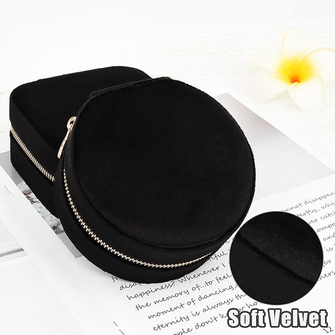 DesignSter Travel Jewelry Box - Velvet Mini Jewelry Organizer, Small Jewelry Case for Girls Women, Jewelry Storage Box for Rings Earrings Necklace (Circular, Black)