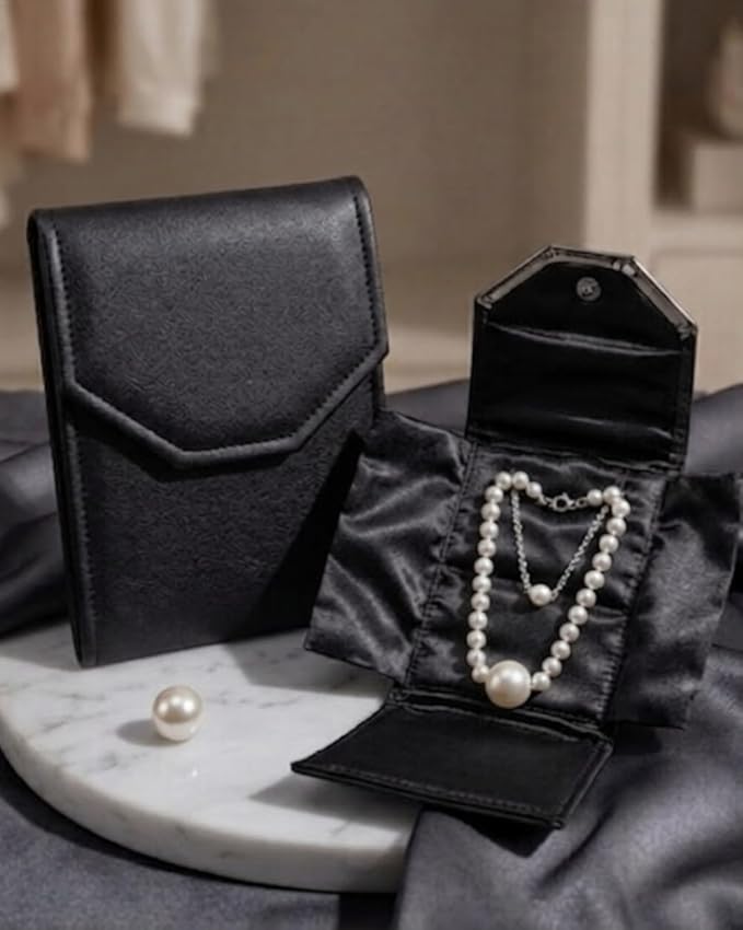 Novel Box Necklace Display Pearl Folder 8x6 inch Large Travel Jewelry Case - Wedding Jewelry Storage Holder with Smooth Finish - Jewelry Organizer Necklace Box - Black/Black Stitched