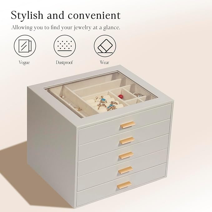 Jewelry Box with Glass Lid, 5-Layer Jewelry Organizer for Women Girls, PU Leather Display Case with 20-Grid Earring Tray & Movable Dividers for Necklaces Rings,Grey
