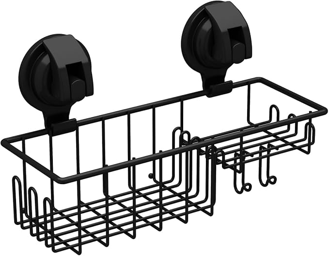 TESOT Suction Cup Shower Caddy, Shower Shelf Soap Dish with Hooks for Sponge, Rust Proof 304 Stainless Steel, Black