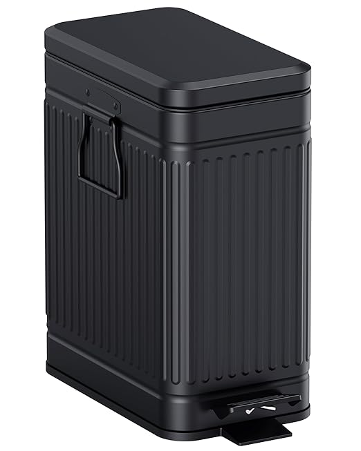 Small Bathroom Trash Can with Lid Soft Close, 6L / 1.6 Gallon Stainless Steel Small Garbage Can with Step Pedal, Slim Waste Basket for Bedroom, Toilet, Office - Black