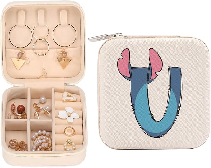 LONGXIN Cute Cartoon Gifts, Initial Travel Jewelry Case Small Jewelry Box Organizer, Personalized Gifts for Women Teen Girls, Birthday Christmas Gifts for Cartoon Lovers, Letter U