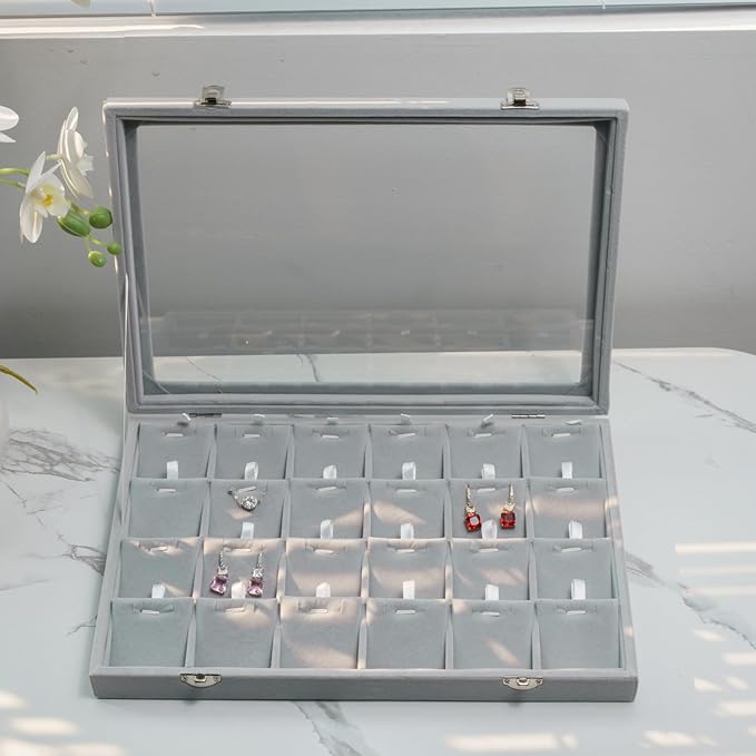 Jewelry Box Necklace Organizer Tray (Grey) Necklace Display Case for Storage Jewelry Display Stand 24 Slot Pendant Holder for Women