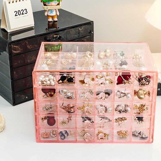 YUFONG Earring Storage Box Organizer, Acrylic Jewelry Storage Box Holder 5 Drawers Transparent Jewelry Display Stand with 120 Small Compartments Gift Boxes for Women Girls (Clear Pink)