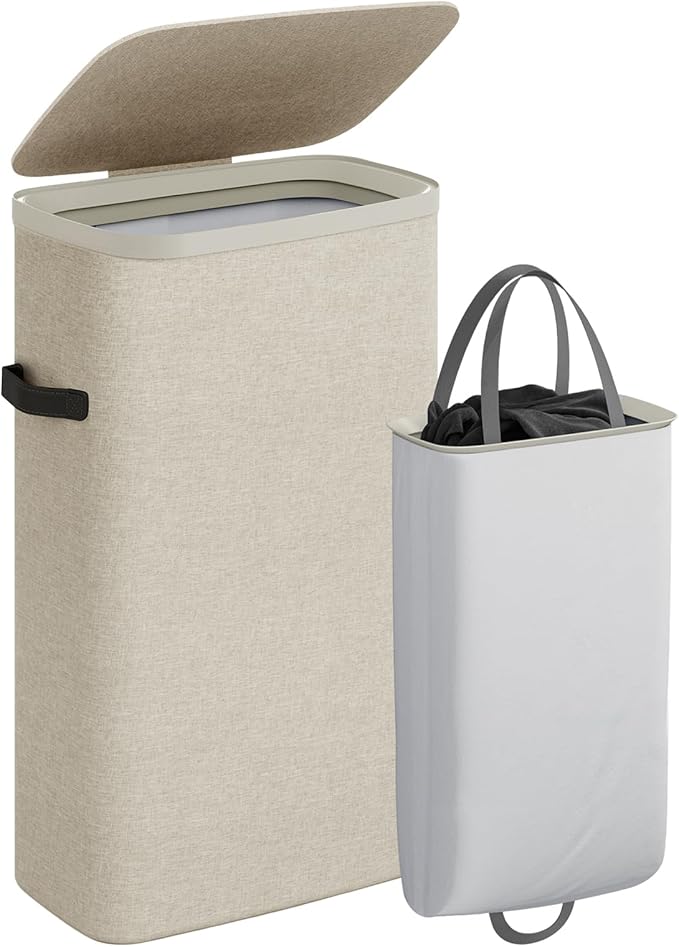 CASAMAYA Laundry Basket with Lid, Laundry Hamper 100L, collapsible Laundry Organizer, Easy Assembly, with Handles and Removable Liners, 16.5 x 12.6 x 29.5 Inches, Beige JSP902M