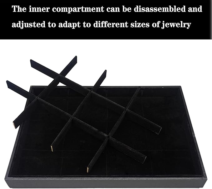Large Velvet Jewelry Tray, Drawer Organizer for Jewelry in Dresser, Stackable Jewelry Drawer Organizer Inserts for Earring Necklace Bracelet Rings(Black,12grid)