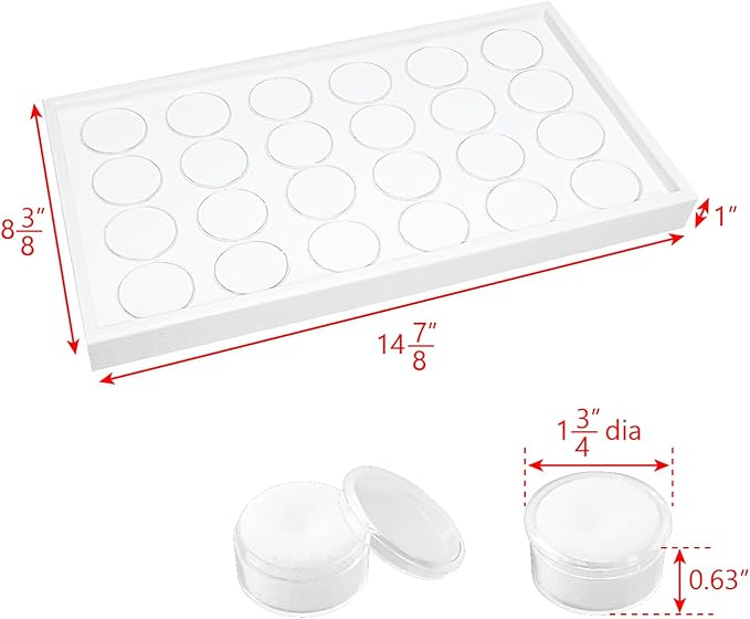 Ikee Design 24 Gem Showcase Stackable Jewelry Display Tray for Collectibles, Rock Storage Box Gemstones Bead Storage Jars, White Foam, White Tray, 14 7/8W x 8 3/8D x 1H in