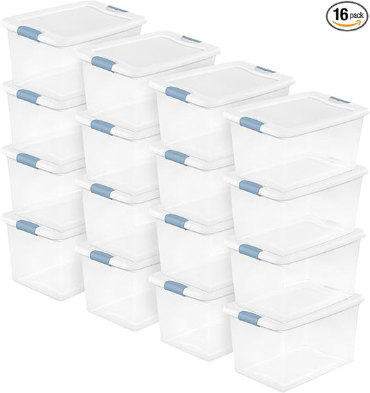 Sterilite 16 Pack Latching Box, 64 Qt Plastic Storage Container, Stackable Large Home or Office Tote Organizers with Secure Lids, White