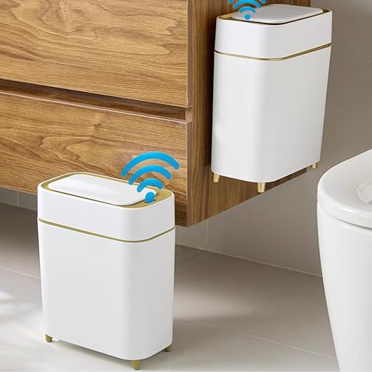 Yatmung Motion Sensor Trash Can Bathroom Automatic Touchless Lid - Sensor Garbage Can - Bathroom, Bedroom, Kitchen, Laundry Room, Small Spaces - Compact Smart Trash Bin - White with Gold Edge, 1Pack