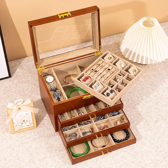 Walnut Wood Jewelry Box, 4-Tier Soild Wood Jewelry Box with 3 Drawers Large Storage Lockable Jewelry Organizer with Glass Lid Christmas Gifts for Necklaces Rings Earring Watches Bracelets