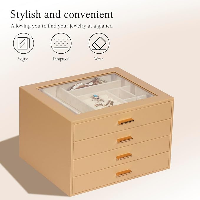 Jewelry Box with Glass Lid, 4-Layer Jewelry Organizer for Women Girls, PU Leather Display Case with 20-Grid Earring Tray & Movable Dividers for Necklaces Rings,Camel