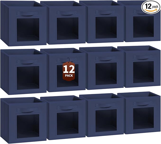 Homsorout Storage Cube 11 Inch - Cube Storage Bins with Window, Closet Storage Baskets with Handle, Fabric Bins for Closet, Shelves, Toys, Clothes, Set of 12, Navy Blue