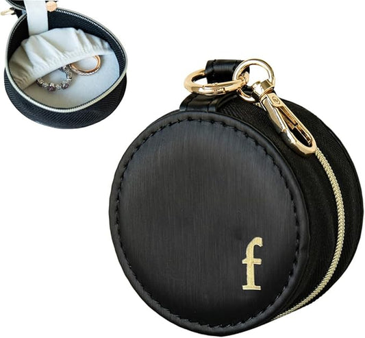 COLLECTIVE HOME - Monogrammed Letter Jewelry Case, Portable Travel Ring Holder Box with Keychain, Personalized Initial Organizer for Earrings Necklaces, Gift for Her (Black-f)