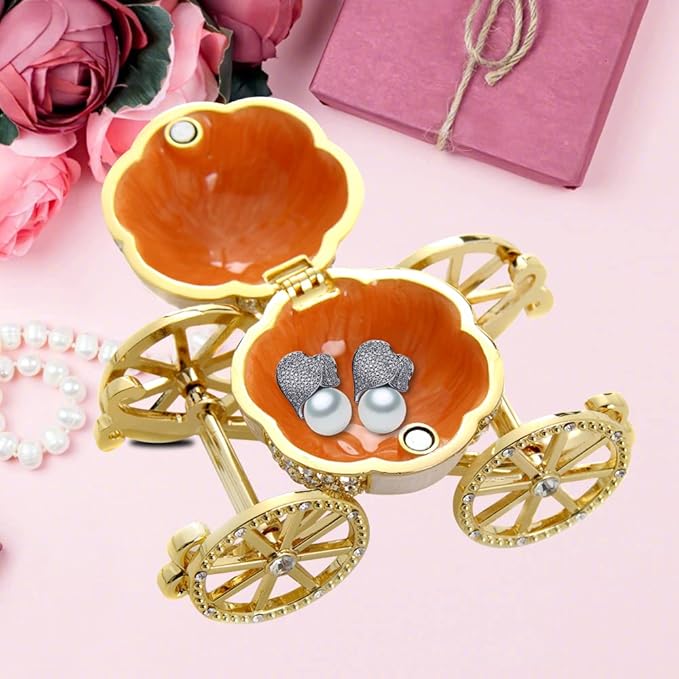 LASODY Hand Painted Enameled Cinderella Pumpkin Carriage Decorative Hinged Jewelry Trinket Box Unique Gift for Family,Jewelry Chests Wedding Valentine‘ Day, Mother’s Day Gifts (Gold, Jewelry box)