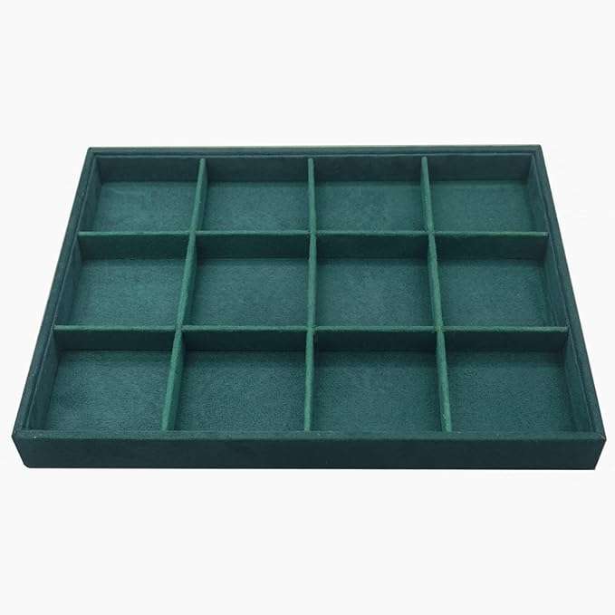 Large Velvet Jewelry Tray, Drawer Organizer for Jewelry in Dresser, Stackable Jewelry Drawer Organizer Inserts for Earring Necklace Bracelet Rings(Green,12grid)